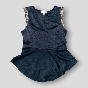 Charcoal Gray Gold Sequin Shoulder Peplum Top